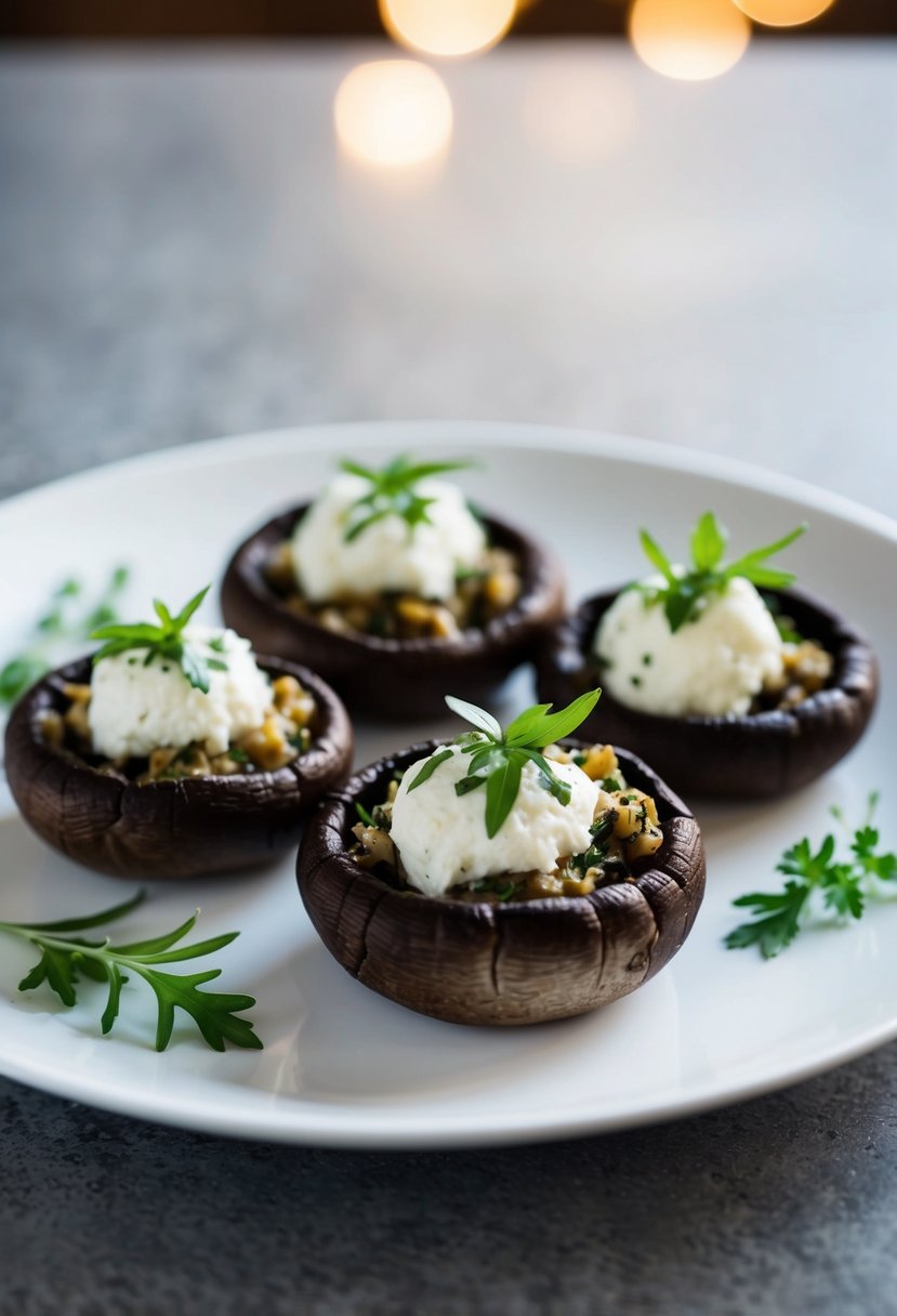 Portobello mushrooms stuffed with goat cheese, garnished with fresh herbs, on a modern white plate